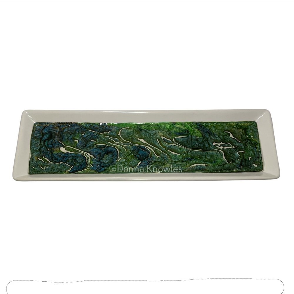 NWOT Fluid Art Ceramic Tray with Metal Stand - Picture 7 of 11